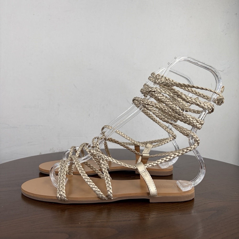 J Crew Sandals Women's 7.5 Metallic Gold Braided Strappy Gladiator Ankle Wrap